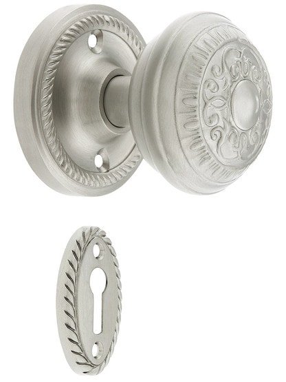 Rope Rosette Mortise Lock Set With Egg And Dart Door Knobs in Satin Nickel.